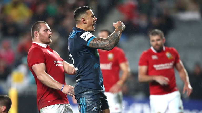 Sonny Bill Williams of the Blues celebrates his try during the match between the Blues and the British & Irish Lions