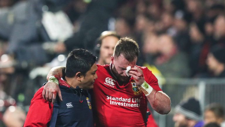 Stuart Hogg goes off injured during the Lions' win over the Crusaders