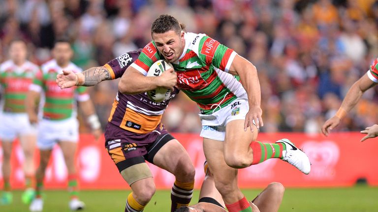 BRISBANE, AUSTRALIA - JUNE 09:  Sam Burgess of the Rabbitohs breaks through the defence during the round 14 NRL match between the Brisbane Broncos and the 