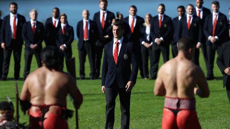 WAITANGI, NEW ZEALAND - JUNE 04:  Sam Warburton, the Lions captain, faces the Maori warriors as he accepts the challenge during the British & Irish Lions M