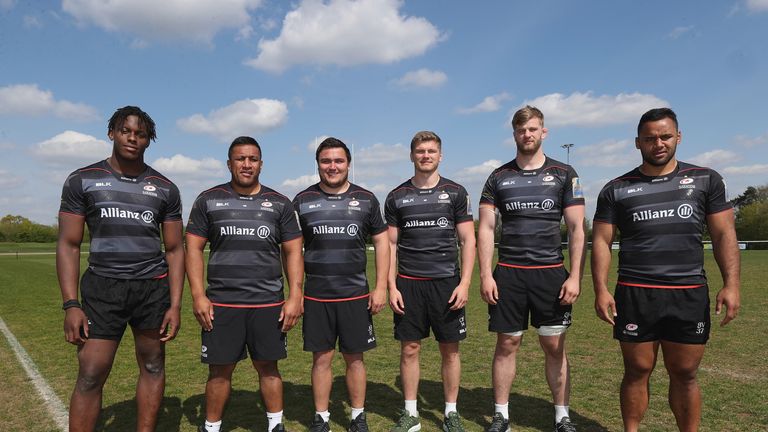 ST ALBANS, ENGLAND - APRIL 19:  Maro Itoje, Mako Vunipola, Jamie George, Owen Farrell, George Kruis and Billy Vunipola of Saracens pose for the camera on A