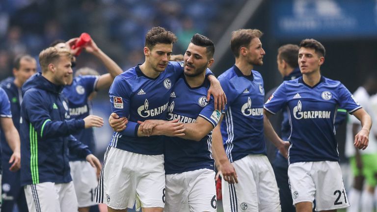 GELSENKIRCHEN, GERMANY - APRIL 08: Leon Goretzka #8 and Sead Kolasinac #6 of Schalke celebrate after the Bundesliga match between FC Schalke 04 and VfL Wol