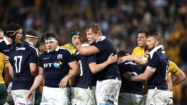 SYDNEY, AUSTRALIA - JUNE 17: Scotland celebrate victory during the International Test match between the Australian Wallabies and Scotland 