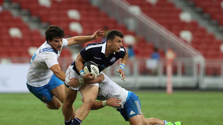 SINGAPORE, SINGAPORE - JUNE 10: Damien Hoyland of Scotland runs with the ball during the International Test match between Italy and Scotland