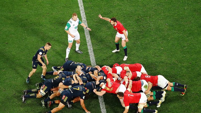 The Highlanders and the Lions contest a scrum