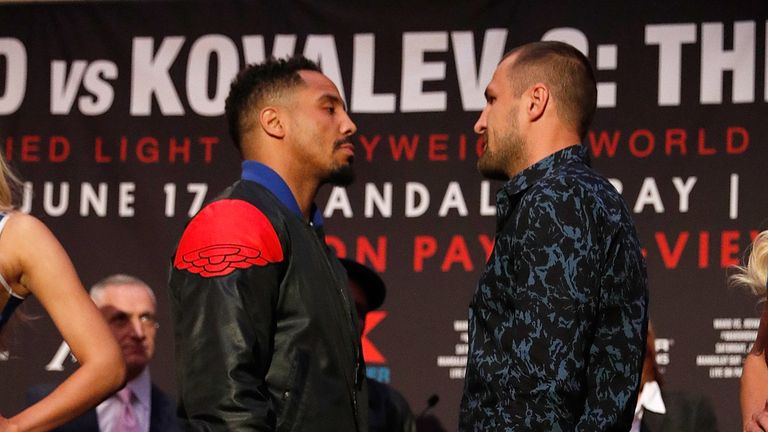 LOS ANGELES, CA - APRIL 12:  Andre Ward and Sergey Kovalev faceoff at the end of the press conference at the Roosevelt Ballroom on April 12, 2017 in Los An