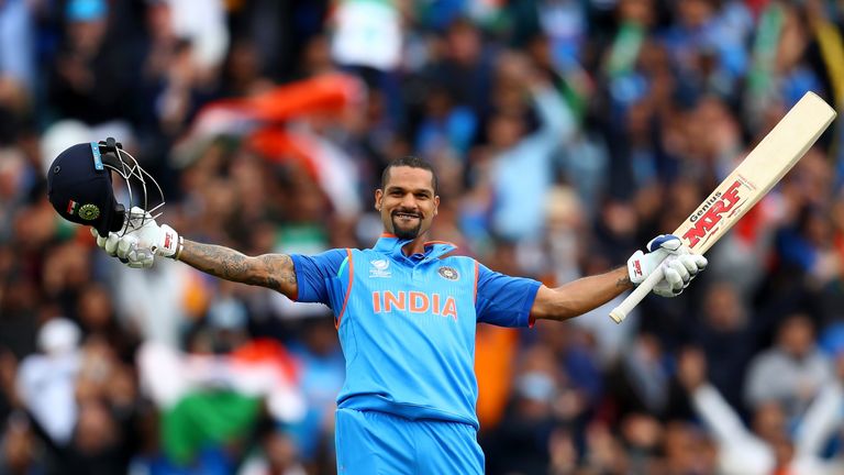 Shikhar Dhawan celebrates his century during the ICC Champions Trophy match between India and Sri Lanka