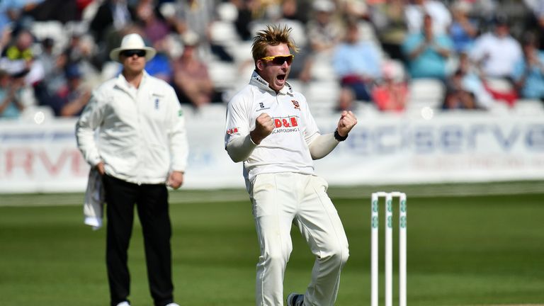 Simon Harmer celebrates taking the wicket of Steven Croft