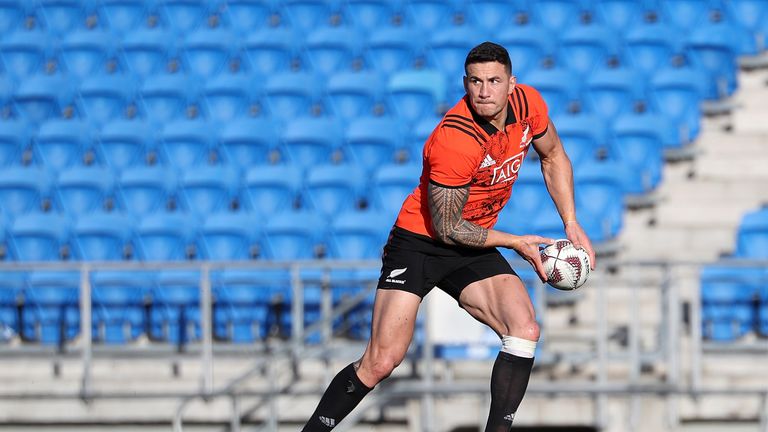   Sonny Bill Williams looks to pass during a New Zealand All Blacks training session