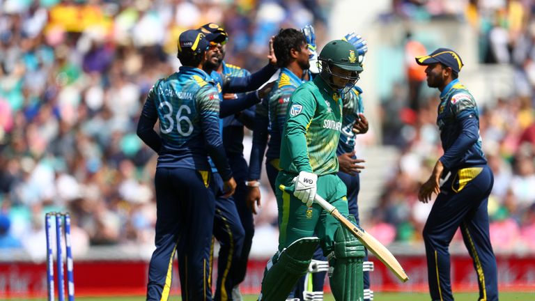 LONDON, ENGLAND - JUNE 03:  Quinton de Kock of South Africa leaves the field after being dismissed during the ICC Champions trophy cricket match between Sr