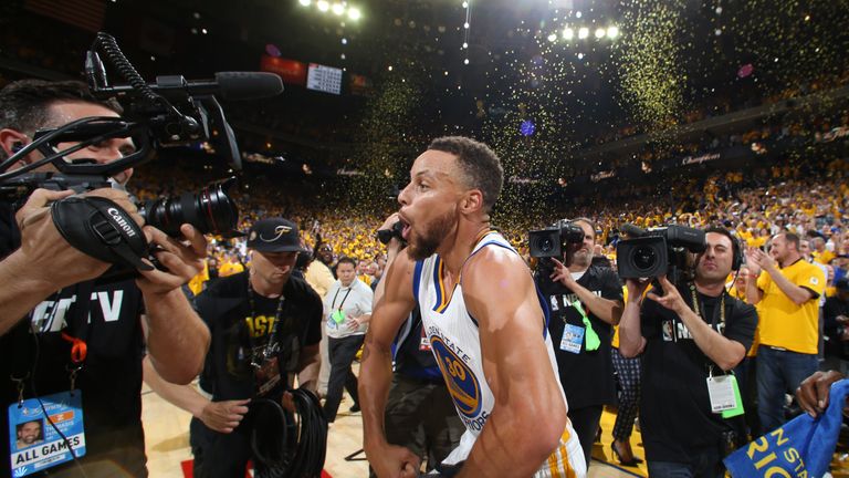 Stephen Curry #30 of the Golden State Warriors celebrates after winning the NBA Championship against the Cleveland Cavaliers