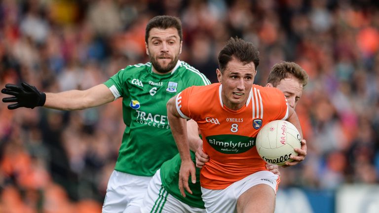 Stephen Sheridan of Armagh in action against Ryan McCluskey of Fermanagh during the GAA Football All-Ireland Senior Championship Round 1B match 