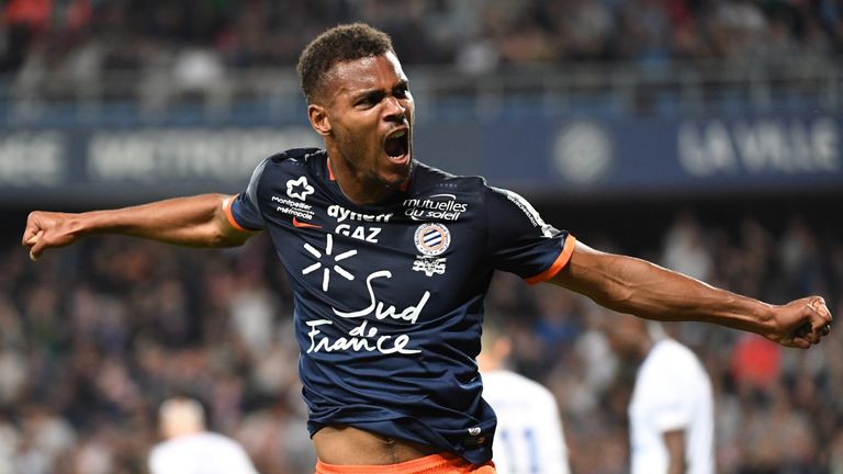 Montpellier's French forward Steve Mounié reacts after scoring a goal during the French L1 football match between Montpellier (MHSC) and Lyon (OL), on May