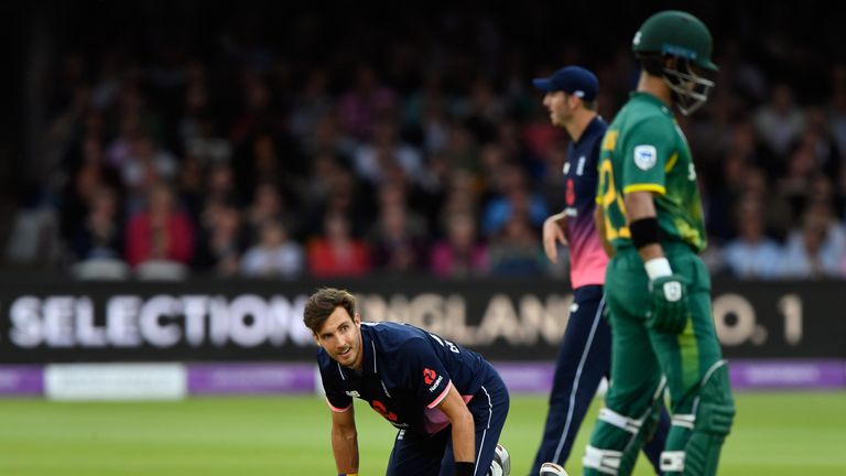 LONDON, ENGLAND - MAY 29:  England bowler Steven Finn reacts during the 3rd Royal London Cup match between England and South Africa at Lord's Cricket Groun