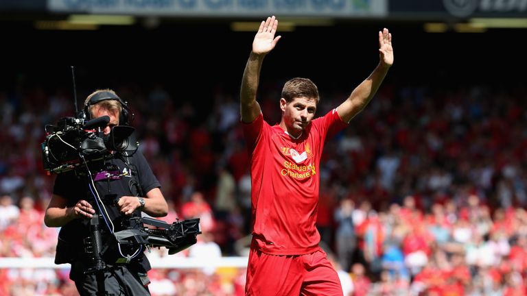 LIVERPOOL, ENGLAND - AUGUST 03:  Steven Gerrard of Liverpool on his lap of honour for the fans at the Kop end after the Steven Gerrard Testimonial Match 