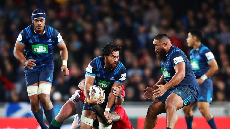 Steven Luatua of the Blues charges forward during the match between the Auckland Blues and the British & Irish Lions 
