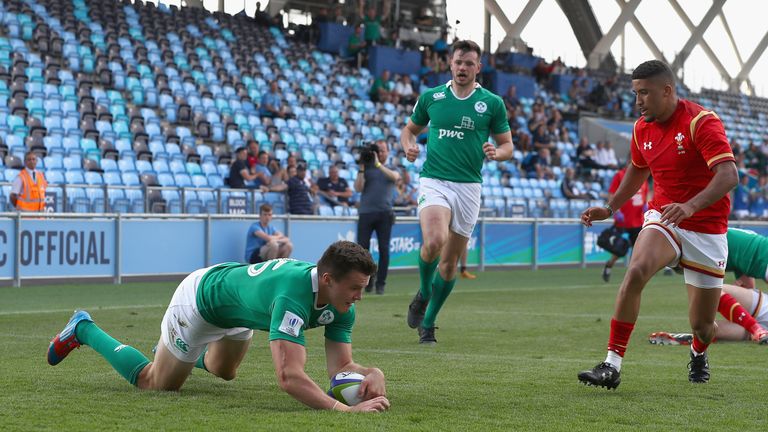 MANCHESTER, ENGLAND - JUNE 07:  Jacob Stockdale of Ireland scores a try during the World Rugby U20 Championship match between Wales and Ireand at The Acade