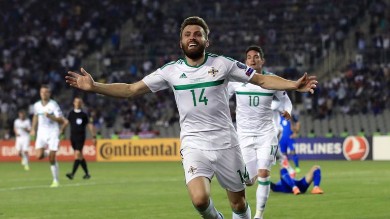 Northern Ireland's Stuart Dallas celebrates scoring his side's first goal of the game during the 2018 FIFA World Cup qualifying, Group C match v Azerbaijan