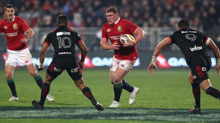  Tadhg Furlong of the Lions breaks with the ball during the match between the Crusaders and the British & Irish Lions 