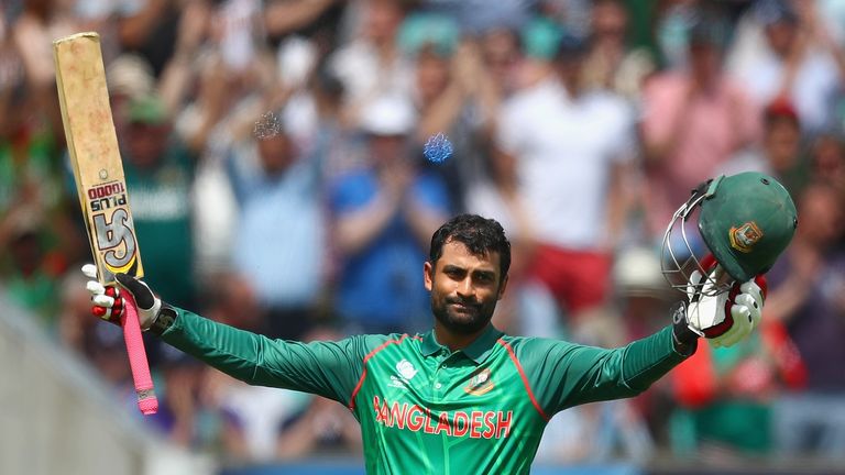 Tamim Iqbal of Bangladesh celebrates his century during the ICC Champions Cup Group A match against England