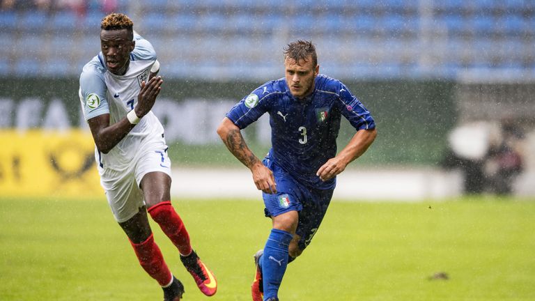 Tammy Abraham in action during the U19 match between England and Italy at Carl-Benz-Stadium on July 21, 2016