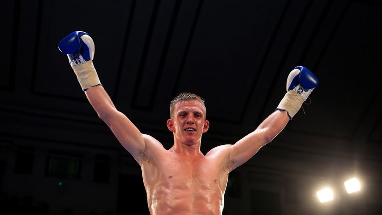 LONDON, ENGLAND - SEPTEMBER 29:  Ted Cheeseman of England celebrates after defeating Chris Jenkinson of England during their Super Welterweight contest at 