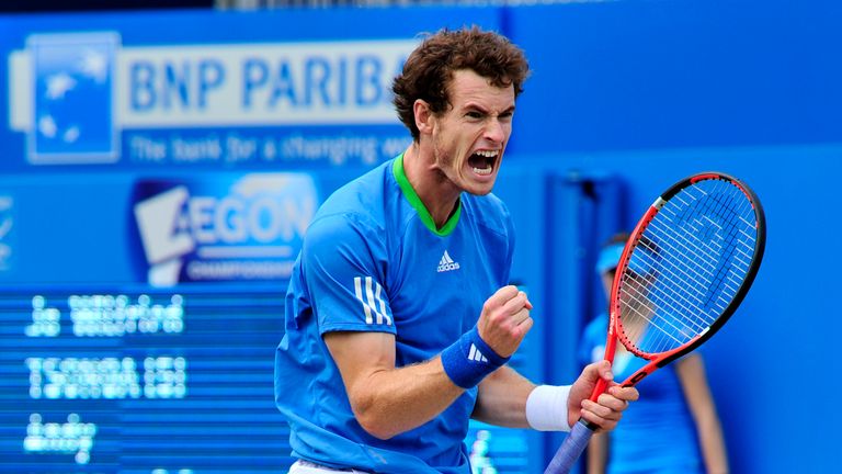 Andy Murray of Great Britain celebrates winning the second set during his match against Jo-WilfrIed Tsonga of France in the 2011 final