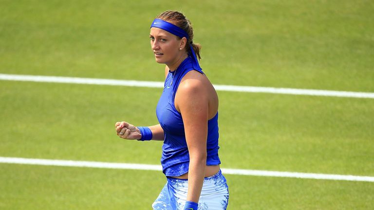 BIRMINGHAM, ENGLAND - JUNE 20:  Petra Kvitova of The Czech Republic celebrates winning her first round match against Tereza Smitkova of The Czech Republic 