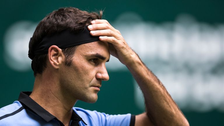 HALLE, GERMANY - JUNE 20:  Roger Federer of Switzerland looks on during his match against Yuichi Sugita of Japan during Day 4 of the Gerry Weber Open 2017 