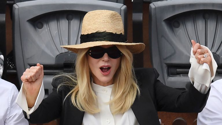 Australian actress Nicole Kidman reacts as she attends the men's final tennis match at the Roland Garros 2017 French Open