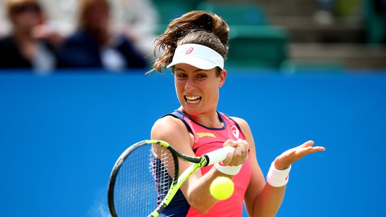 Johanna Konta of Great Britain plays a forehand during her Women's first round singles match against Tara Moore