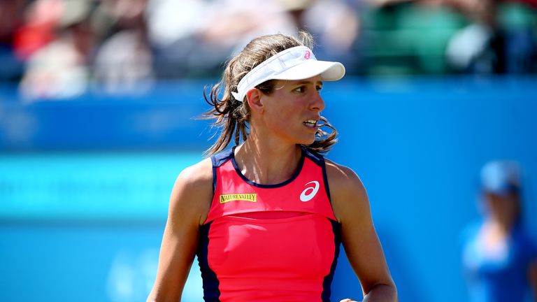 Johanna Konta of Great Britain celebrates victory in her Women's Singles second round match against Yanina Wickmayer