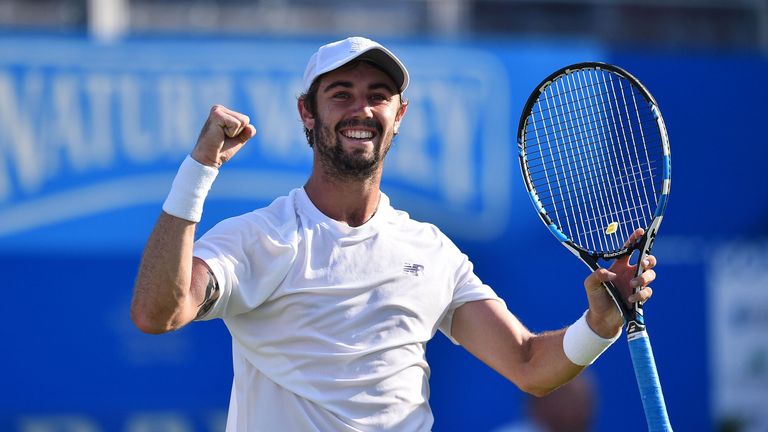 Australia's Jordan Thompson celebrates winning his first round match against Britain's Andy Murray during at the ATP Aegon Championships