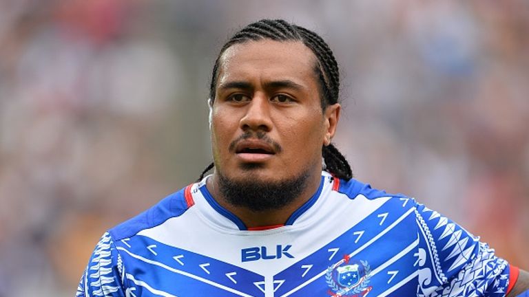 Teofilo Paulo lines up before Samoa's international friendly against the Barbarians at London Stadium, ahead of the 2015 Rugby World Cup on August 29