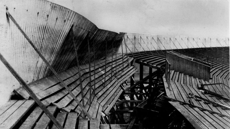 April 1902:  A section of the terracing which collapsed at Ibrox Park football ground in Glasgow, killing 25 people and injuring 517, during the Scotland v