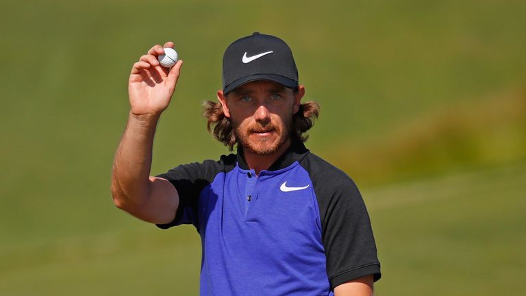 Tommy Fleetwood of England reacts after making a birdie on the 12th green during the second round of the 2017 U.S. Open at Erin Hills