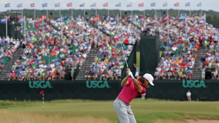 HARTFORD, WI - JUNE 17:  Tommy Fleetwood of England plays his shot from the ninth tee during the third round of the 2017 U.S. Open at Erin Hills on June 17