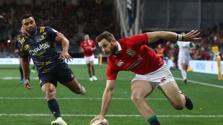 DUNEDIN, NEW ZEALAND - JUNE 13:  Tommy Seymour of the Lions touches down to score his team's second try during the 2017 British & Irish Lions tour match be