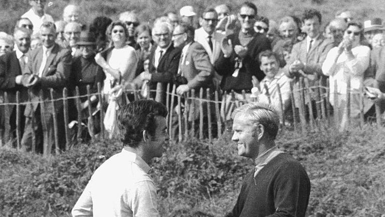Tony Jacklin  (left) of Great Britain and Jack Nicklaus of the USA congratulate each-other after jointly winning  the Ryder Cup singles competition at Sout