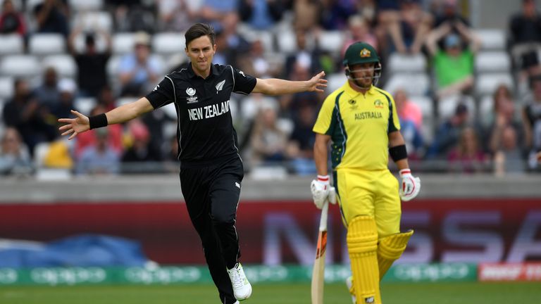 Trent Boult of New Zealand celebrates dismissing David Warner of Australia during the ICC Champions Trophy