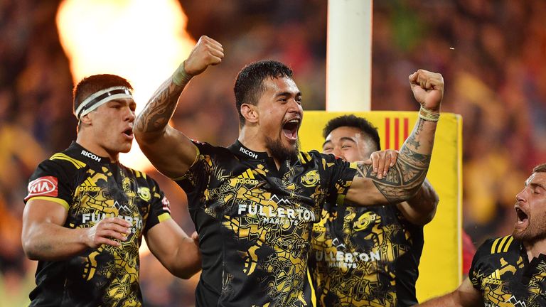 Vaea Fifita celebrates his try during the match between the Hurricanes and the British & Irish Lions 