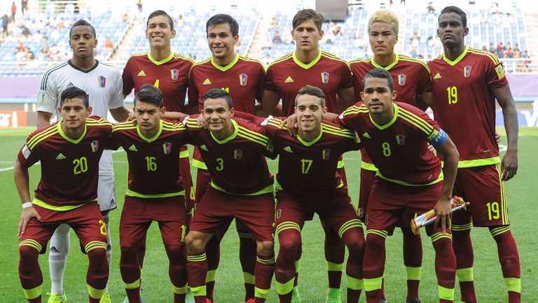 (Front row  L-R) Venezuela's defender Ronald Hernandez, midfielder Ronaldo Lucena, defender Eduin Quero, defender Josua Mejias, midfielder Yangel Herrera, 