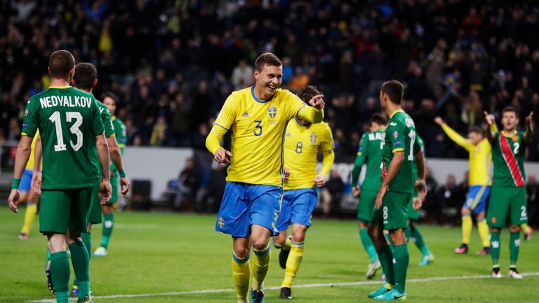Lindelof celebrates after finding the net for Sweden