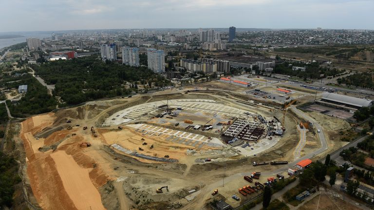 General view of the construction work underway at the site of the new stadium in Volvograd