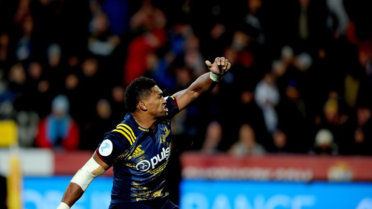 Waisake Naholo celebrates scoring against the Lions 