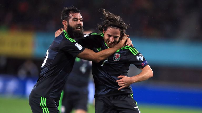 Wales' Joe Allen celebrates scoring his side's first goal of the game with Joe Ledley (left) during the World Cup Qualifying match v Austria, October 2016