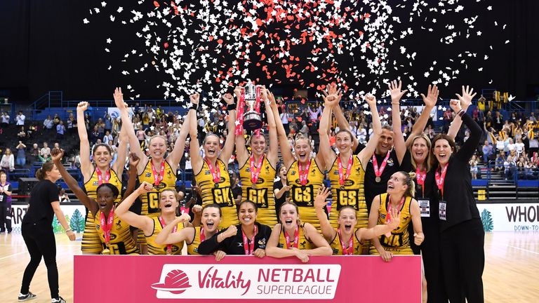 Wasps celebrate after winning the Grand Final between Loughborough Lightning and Wasps Netball at the Vitality Netball Superleague Final Four at the Barcla