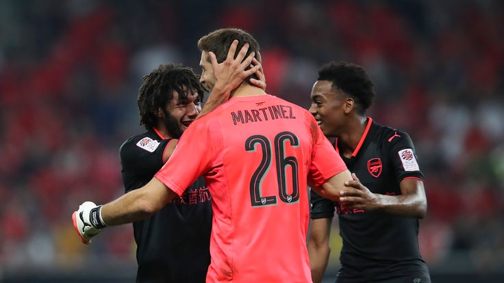 SHANGHAI, CHINA - JULY 19:  Emiliano Martinez and Arsenal celebrates after their win in the 2017 International Champions Cup game against Bayern Munich