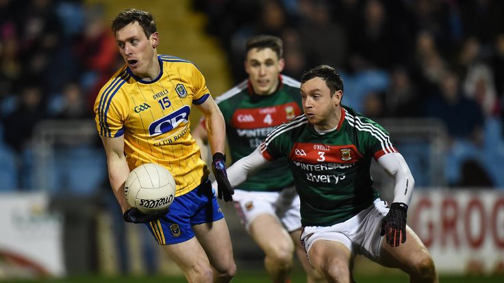 Conor Devaney of Roscommon in action against Keith Higgins of Mayo during the Allianz Football League Division 1 Round 3 match between Mayo and Roscommon