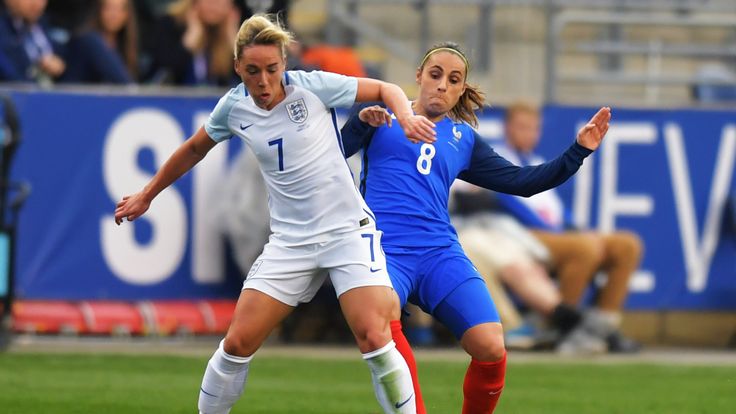 Jordan Nobbs of England and Jessica Houara of France fight for the ball